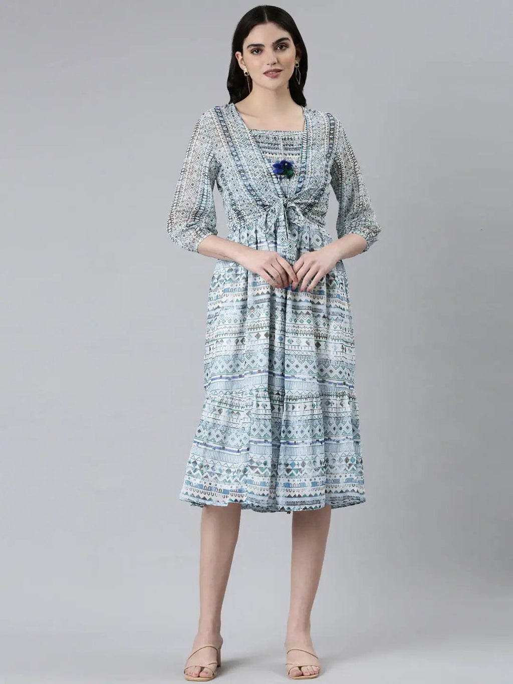 Women's Blue Tribal Printed Shoulder Straps Fit & Flare Dress With Shrug