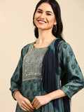 Women's Blue Floral Embroidered Thread Work Kurta Set with Dupatta
