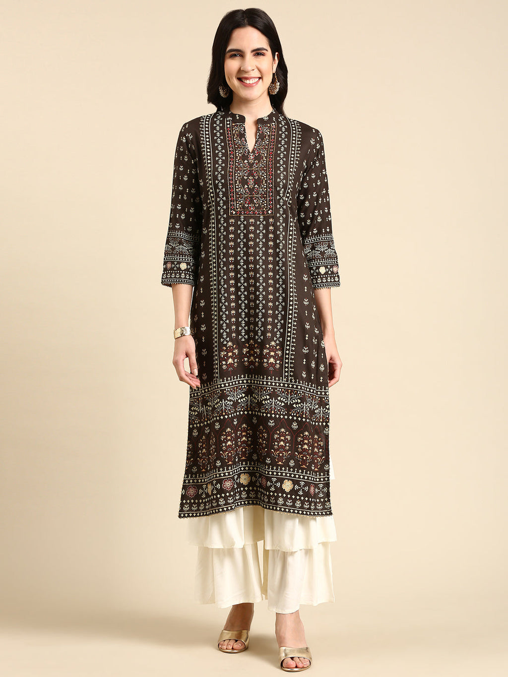 Women's Olive Printed Regular Gotta Patti Kurta Set with Sharara