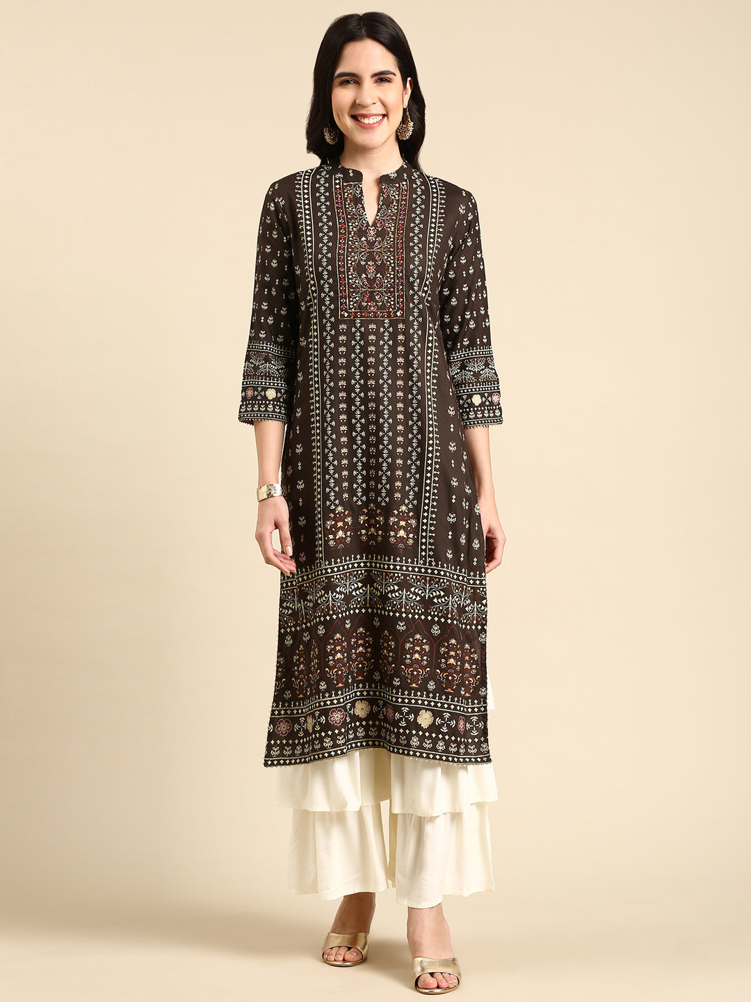 Women's Olive Printed Regular Gotta Patti Kurta Set with Sharara