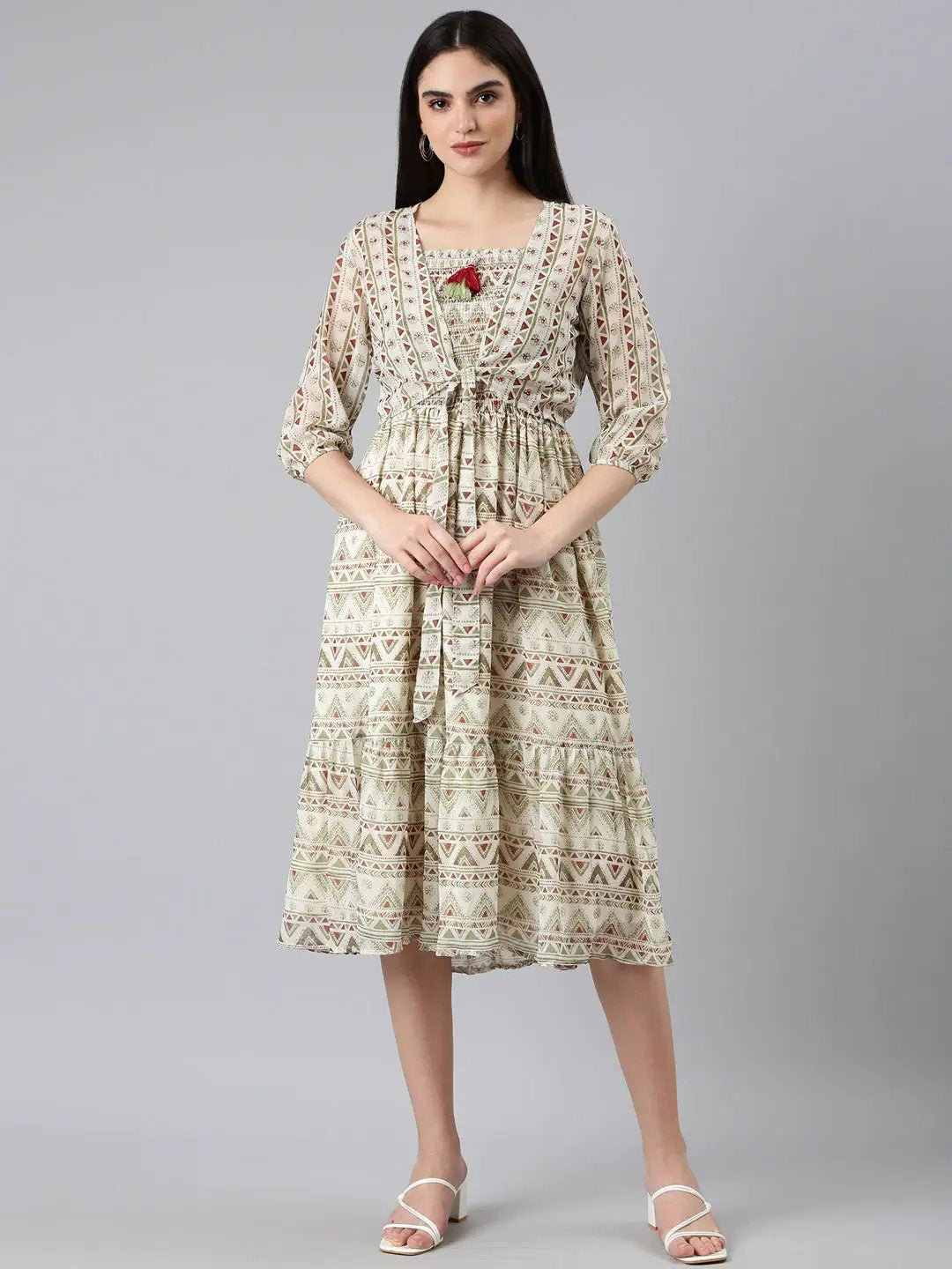 Women's Cream Geometric Printed Shoulder Straps Smocked Georgette Fit And Flare Dress
