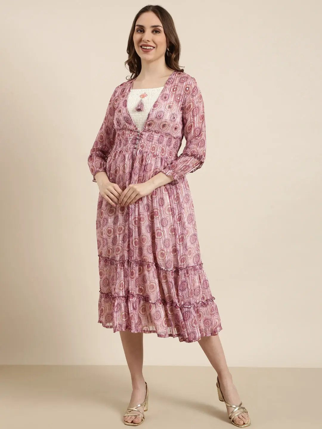 Women's Cream Floral Printed Puff Sleeve Empire Dress with Over Coat