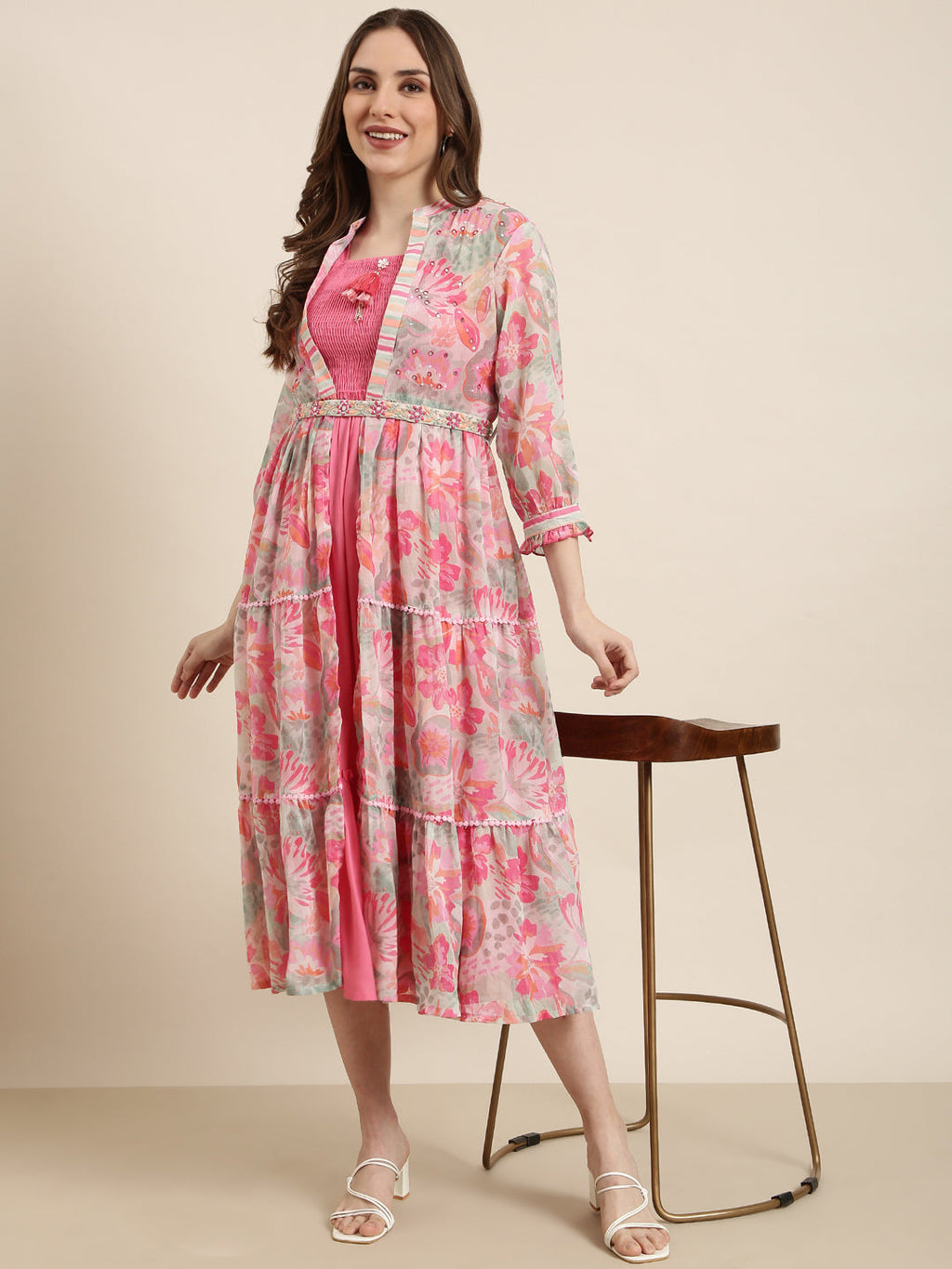 Women's Pink Floral Print Shoulder Straps A-line Dress with Over Coat