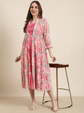 Women's Pink Floral Print Shoulder Straps A-line Dress with Over Coat