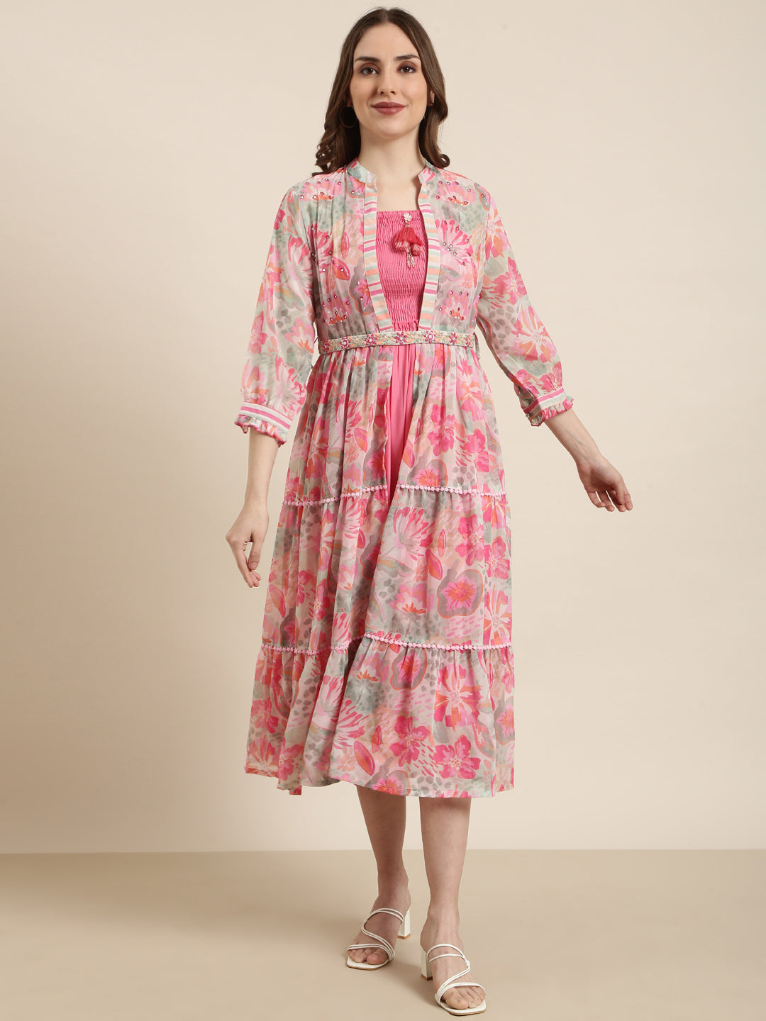 Women's Pink Floral Print Shoulder Straps A-line Dress with Over Coat