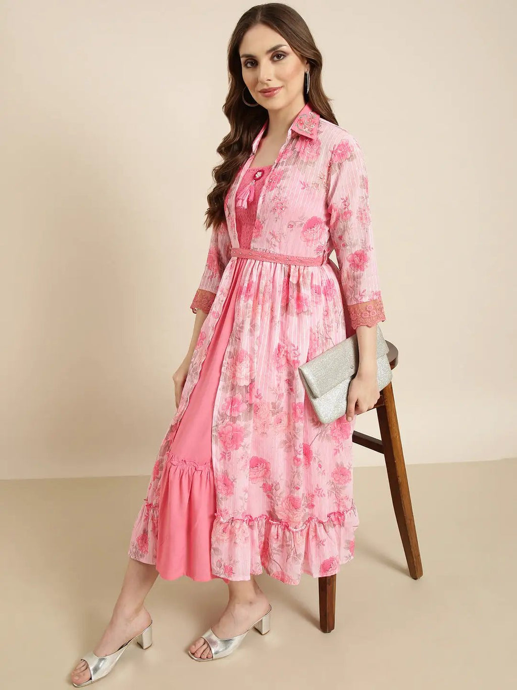 Women's Pink Shirt Collar Floral Print Empire Cotton Dress