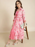 Women's Pink Shirt Collar Floral Print Empire Cotton Dress