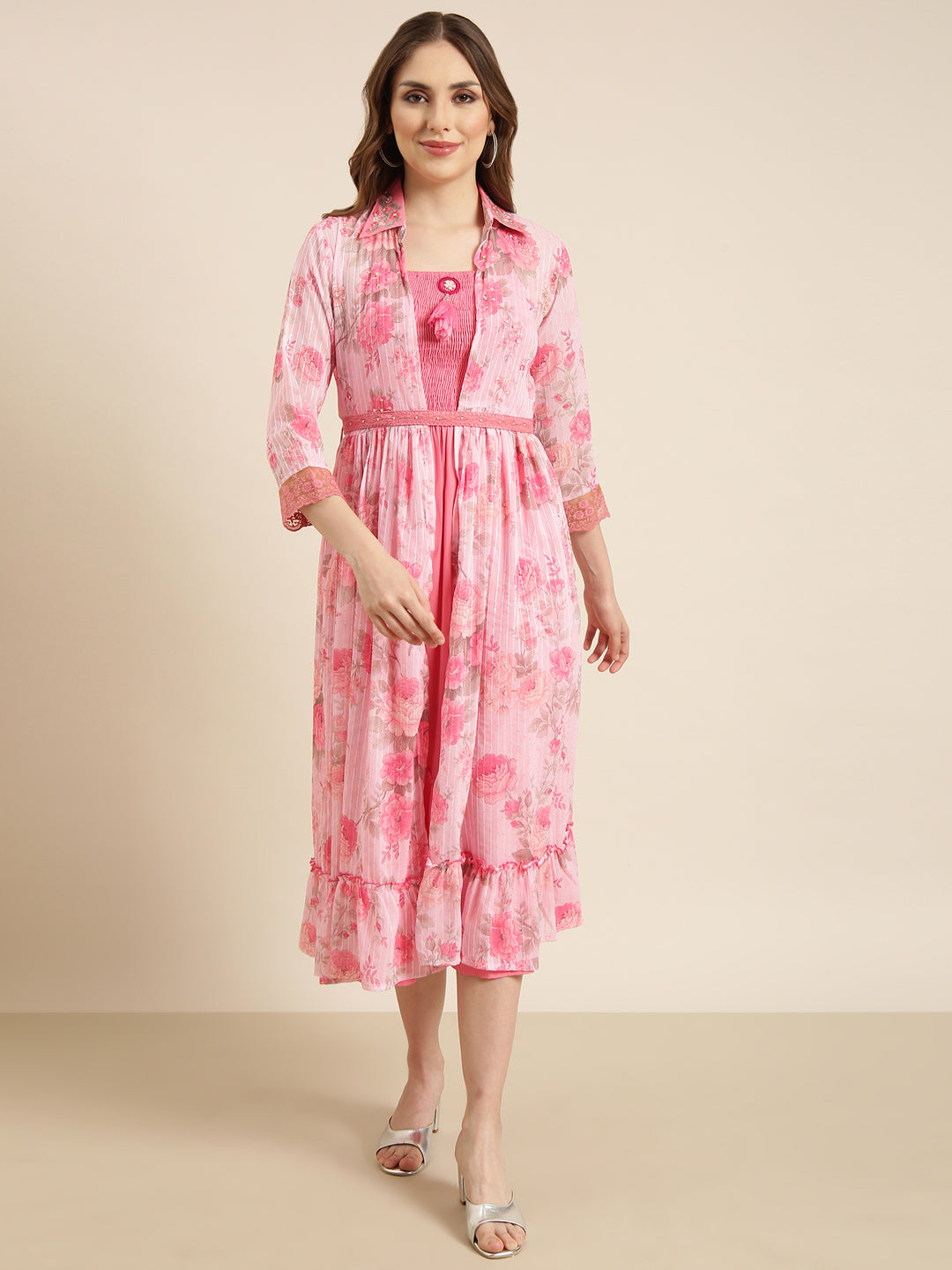 Women's Pink Shirt Collar Floral Print Empire Cotton Dress