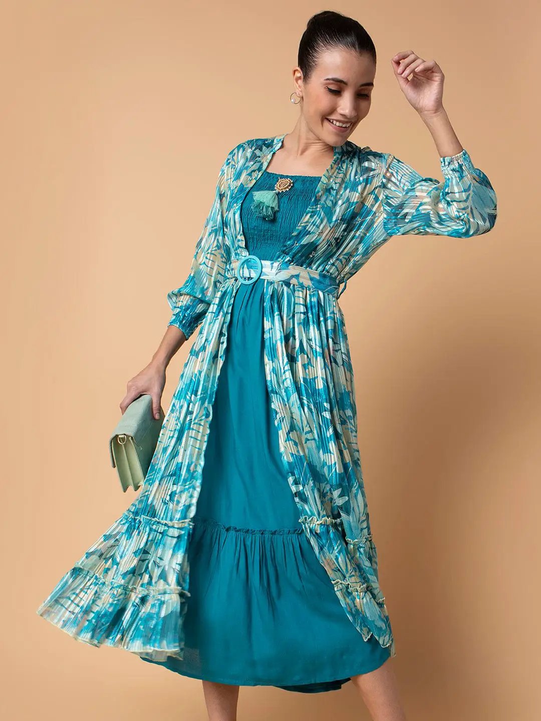 Women's Solid Turquoise Blue Midi Fit and Flare Dress with Shrug and Belt