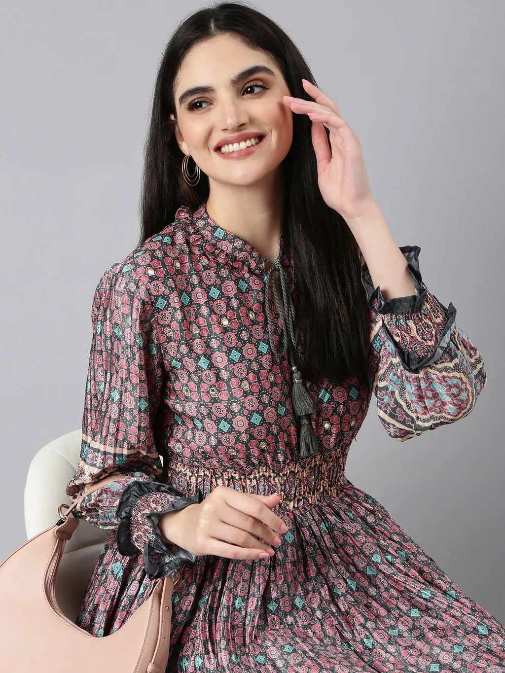 Women's Olive Ethnic Motifs Printed Cuff Sleeve Tie-Up Neck Smocked Fit and Flare Midi Dress