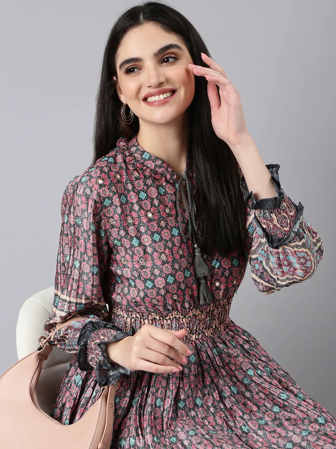 Women's Olive Ethnic Motifs Printed Cuff Sleeve Tie-Up Neck Smocked Fit and Flare Midi Dress
