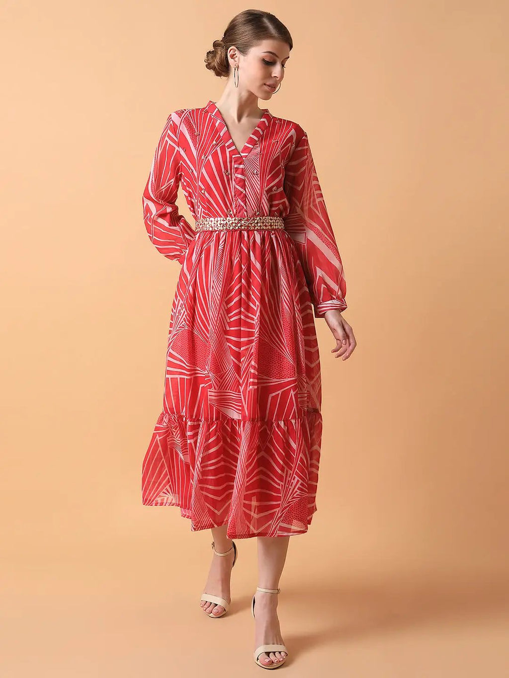 Women's Abstract Pink Midi Empire Dress with Belt