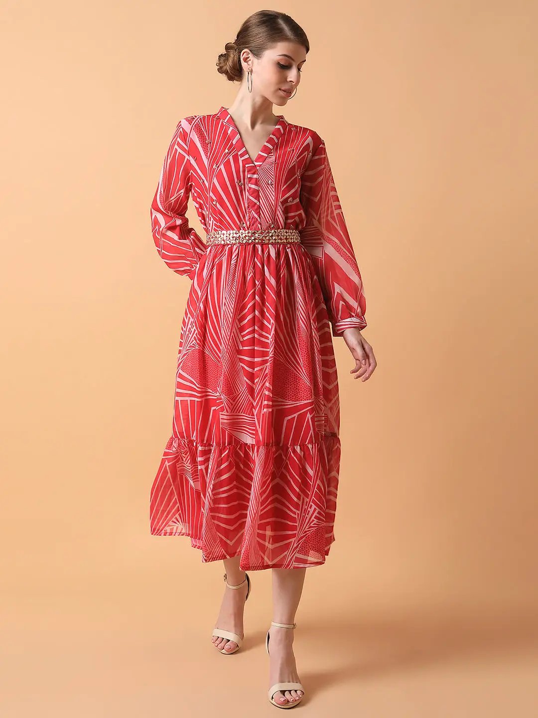 Women's Abstract Pink Midi Empire Dress with Belt