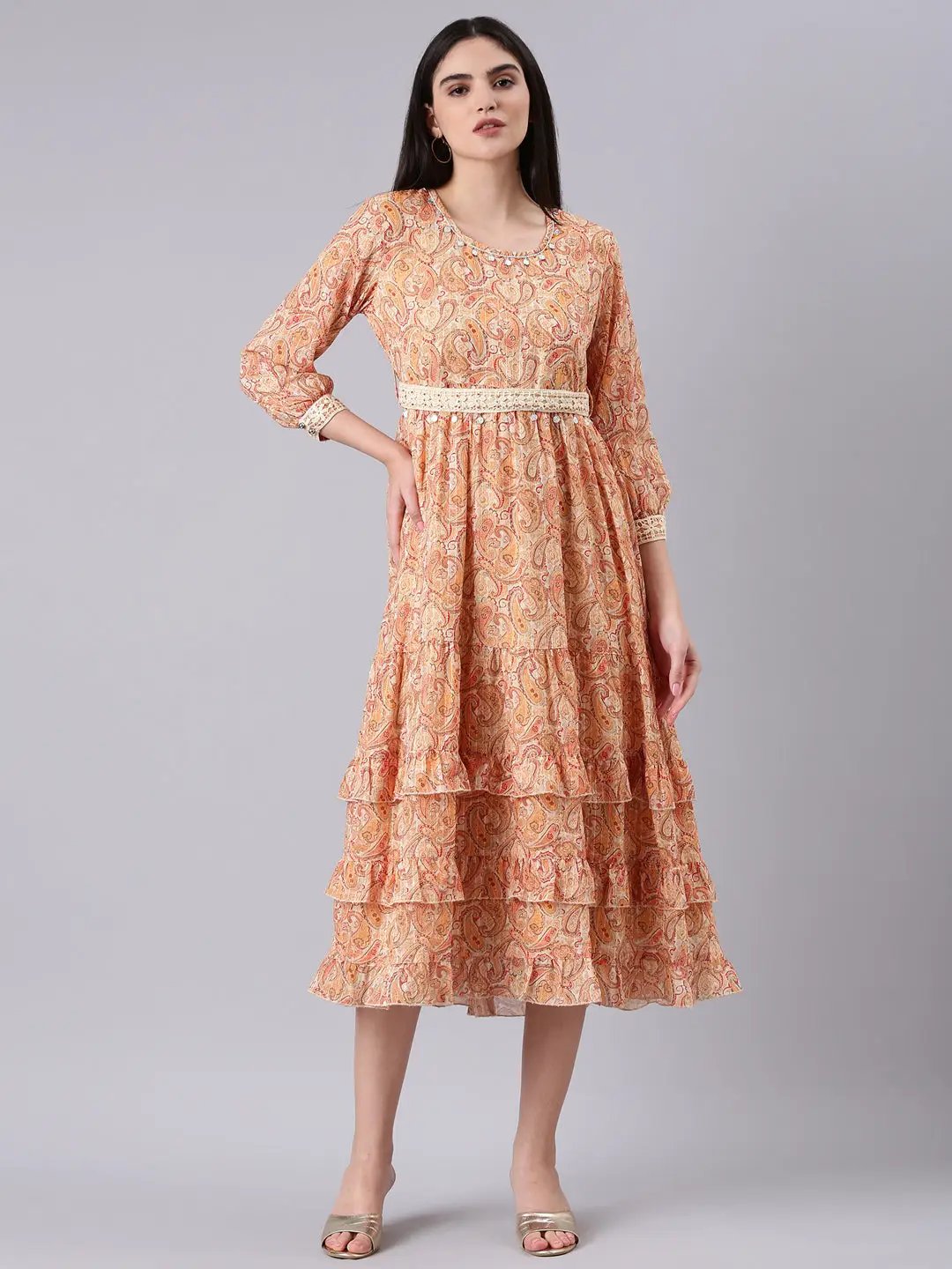 Women's Beige Ethnic Motifs Print Georgette Empire Midi Dress