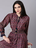 Women's Navy Blue Geometric Printed Tie-Up Neck Fit & Flare Midi Dress