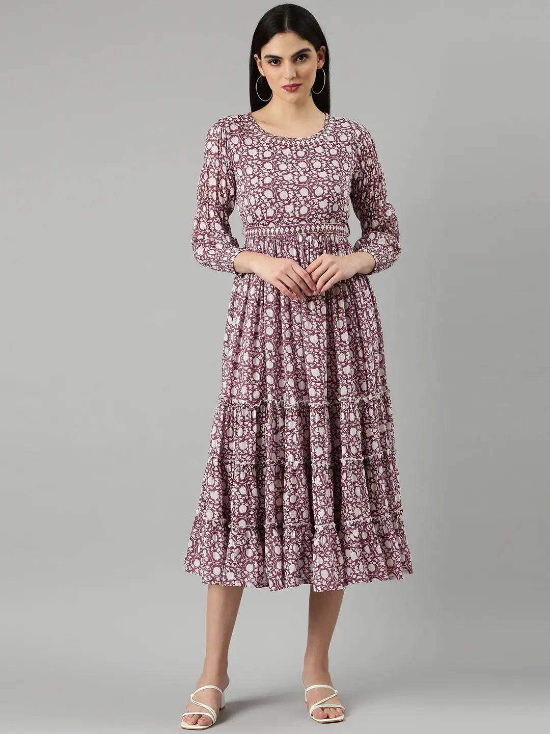 Women's Mauve Floral Printed Fit & Flare Dress