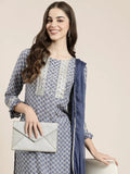 Women's Blue Ethnic Motifs Printed Bell Sleeves Gotta Patti Kurta Set With Dupatta