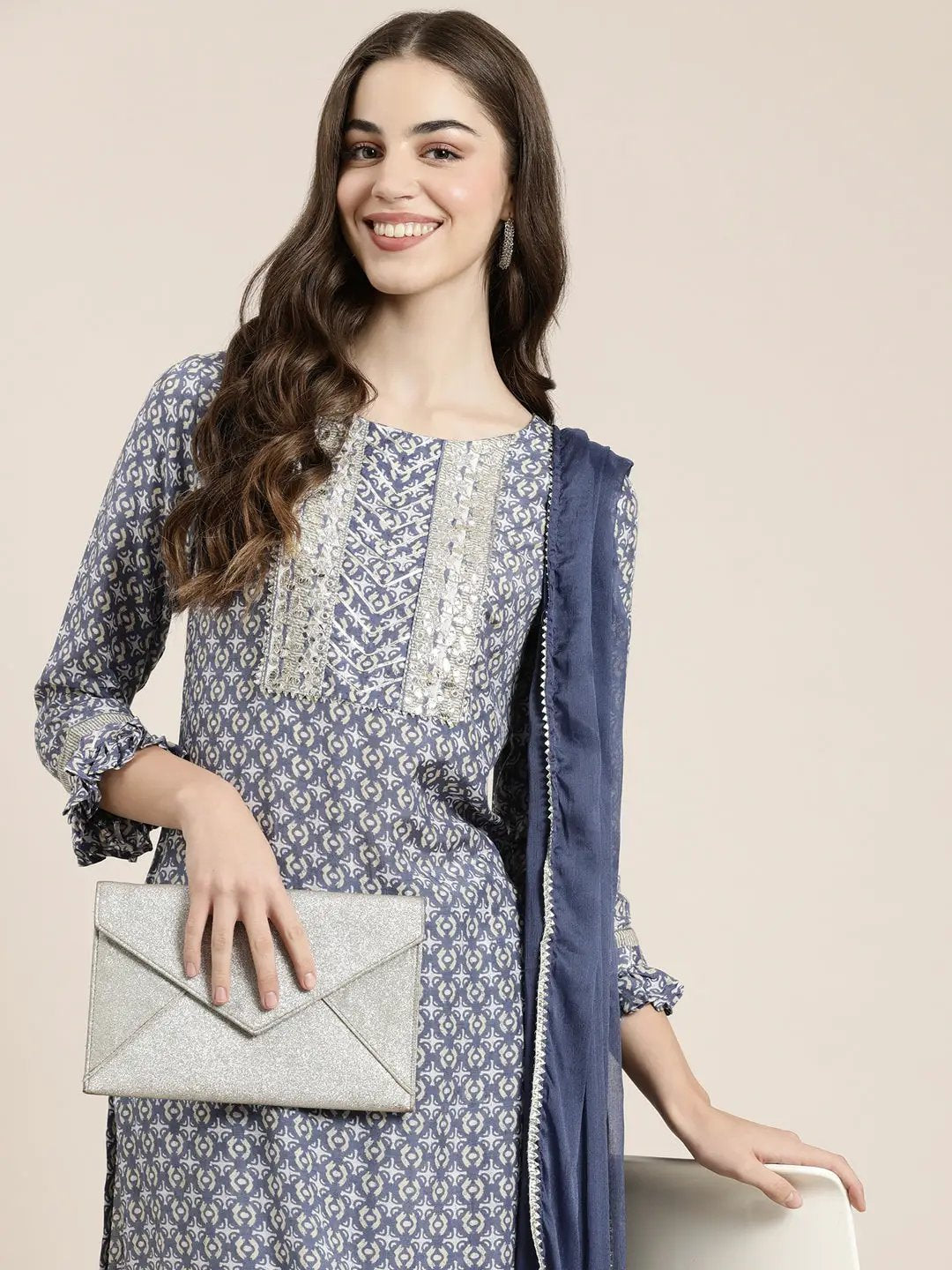 Women's Blue Ethnic Motifs Printed Bell Sleeves Gotta Patti Kurta Set With Dupatta