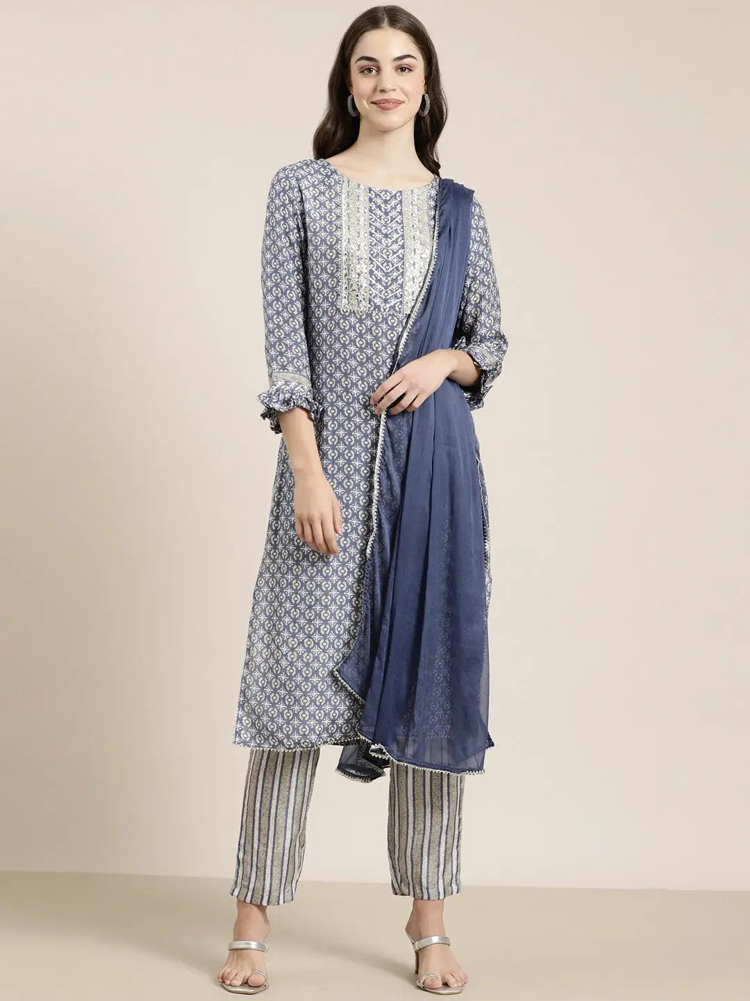 Women's Blue Ethnic Motifs Printed Bell Sleeves Gotta Patti Kurta Set With Dupatta