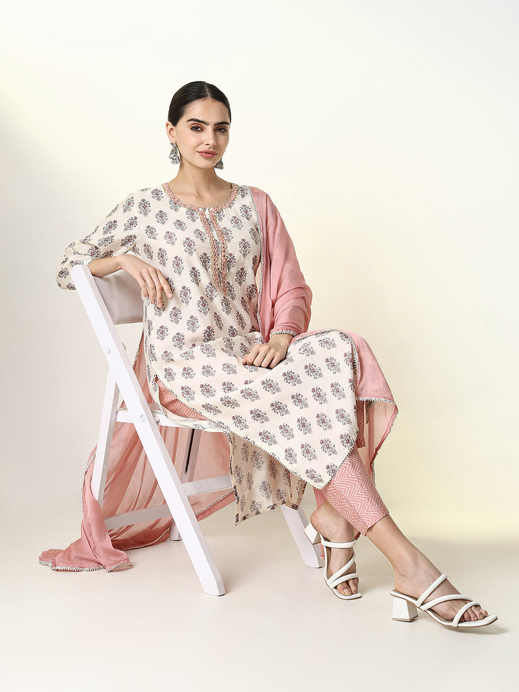 Women's Graphic Cream Straight Kurta Set with Dupatta