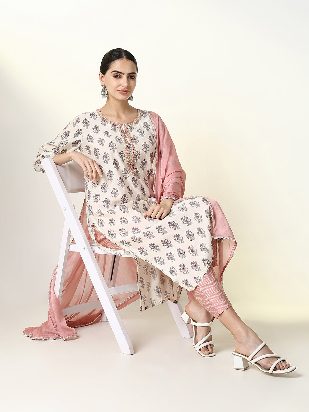 Women's Graphic Cream Straight Kurta Set with Dupatta