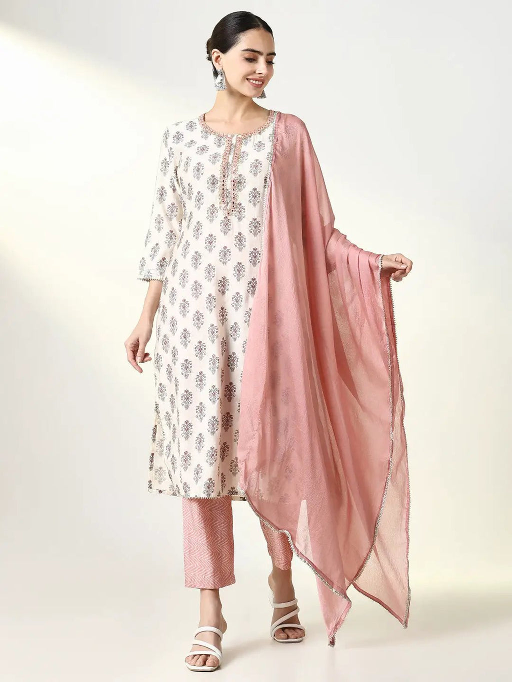 Women's Graphic Cream Straight Kurta Set with Dupatta