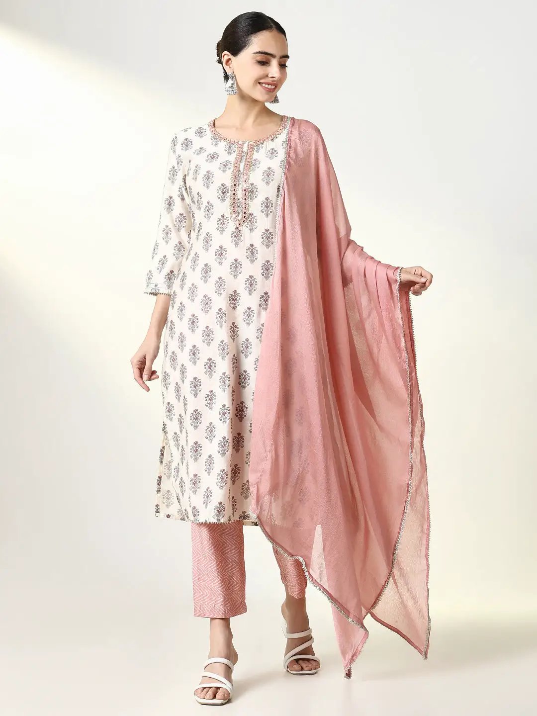 Women's Graphic Cream Straight Kurta Set with Dupatta