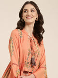 Women's Orange Floral Printed Kurta Set with Jacket