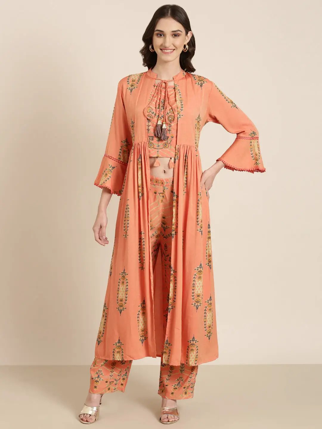 Women's Orange Floral Printed Kurta Set with Jacket