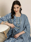 Women's Blue Floral Printed Regular Gotta Patti Straight Kurta Set With Dupatta