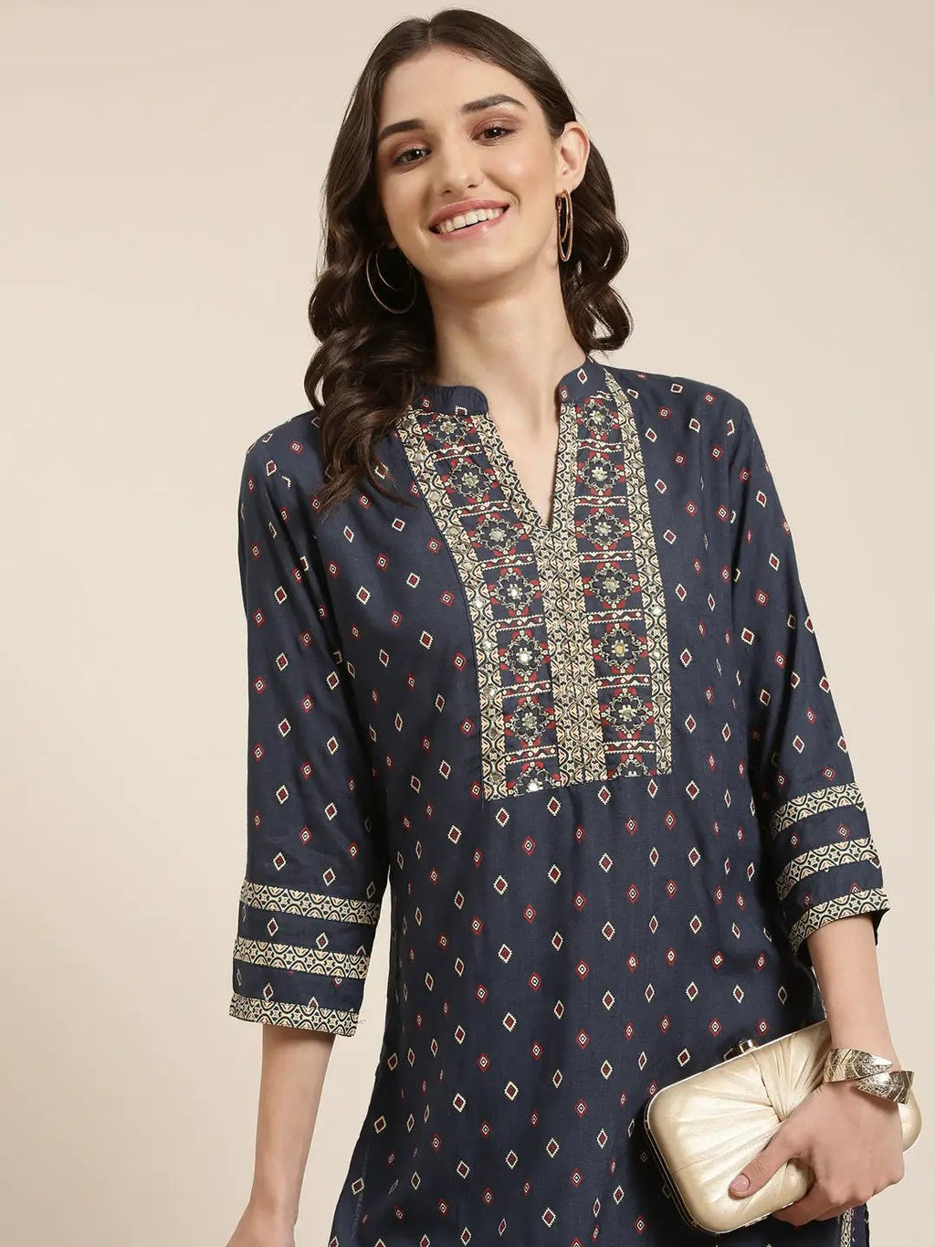 Women's Navy Blue Geometric Printed Regular Beads and Stones Kurta Set