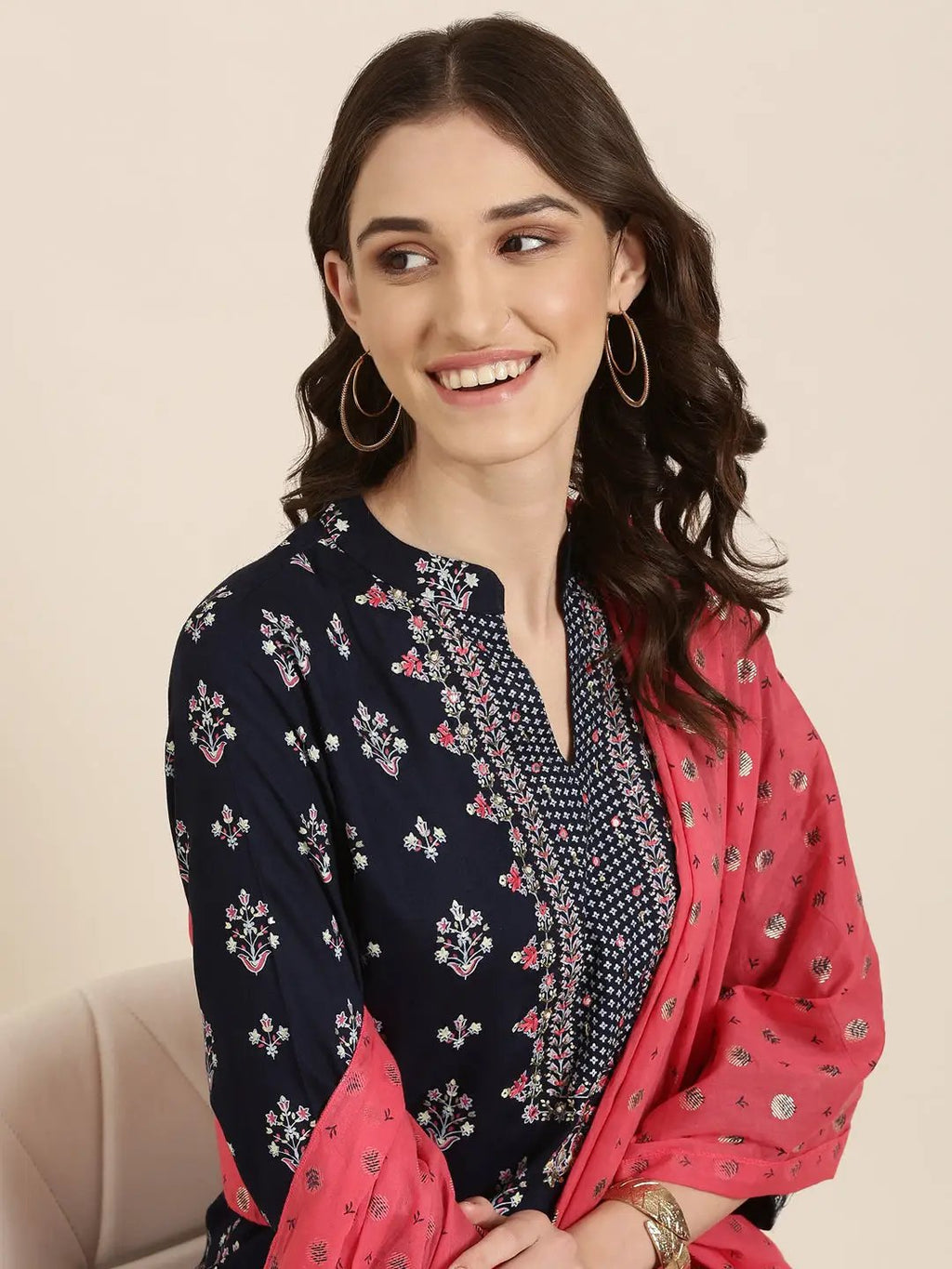 Women's Navy Blue Floral Printed Thread Work Kurta Set With Dupatta