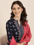 Women's Navy Blue Floral Printed Thread Work Kurta Set With Dupatta