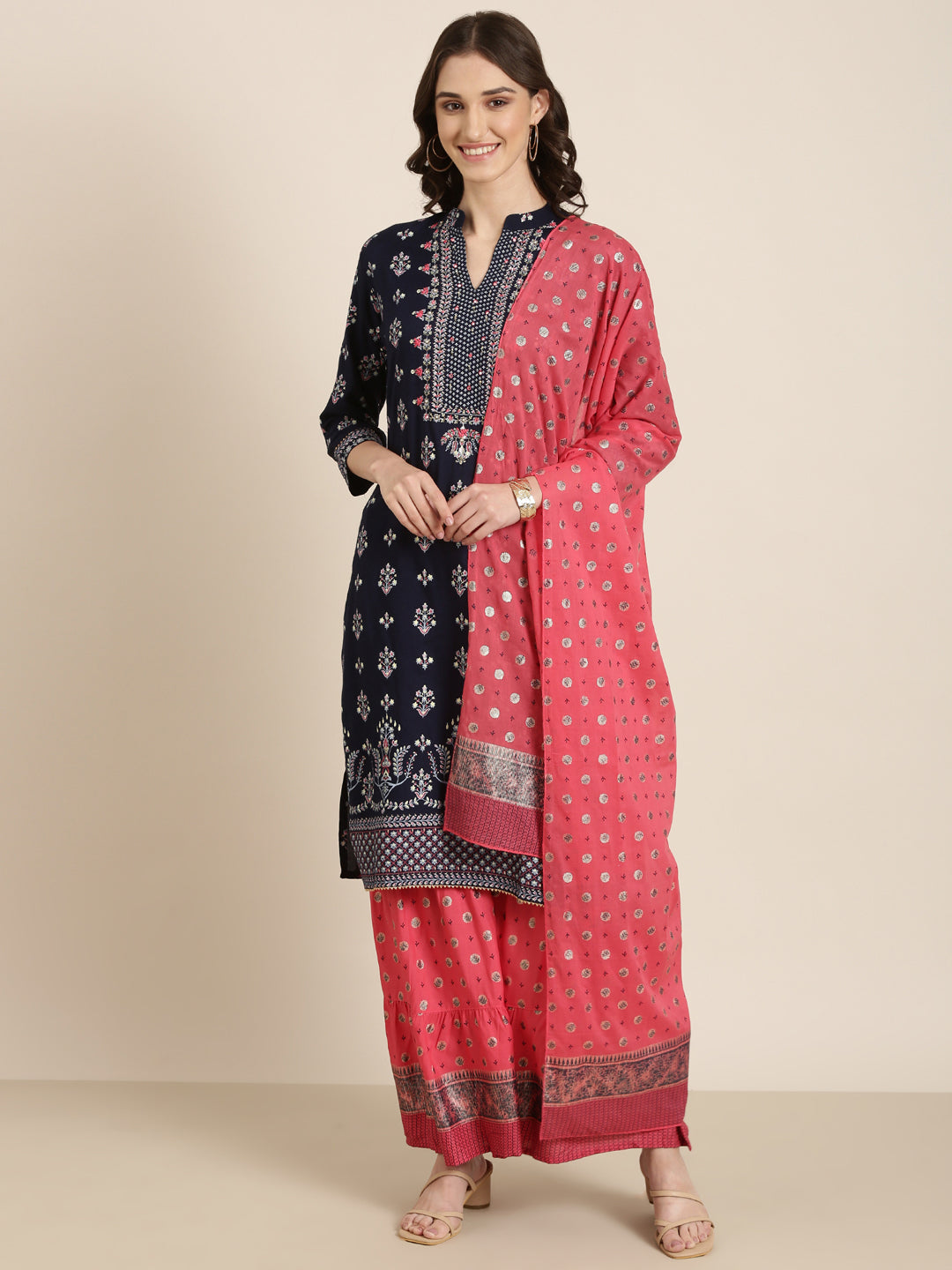 Women's Navy Blue Floral Printed Thread Work Kurta Set With Dupatta