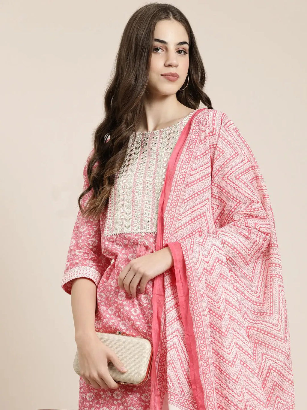 Women's Pink Floral Printed Mirror Work Straight Kurta Set With Dupatta