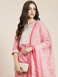 Women's Pink Floral Printed Mirror Work Straight Kurta Set With Dupatta