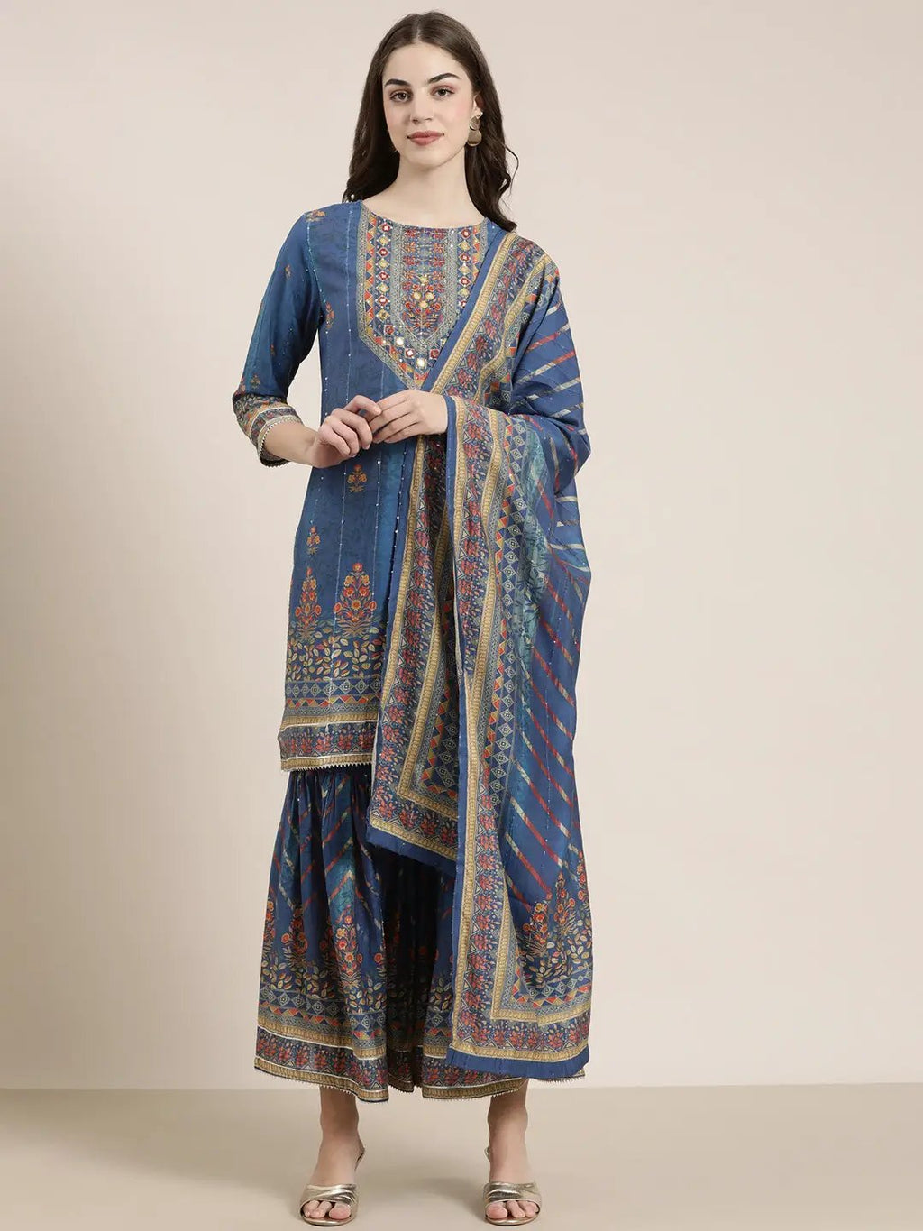 Women's Blue Floral Printed Mirror Work Kurta Set With Dupatta