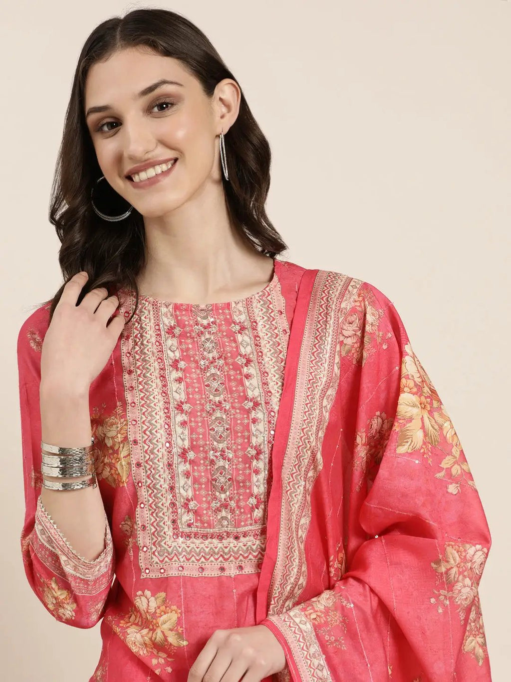 Women's Coral Floral Printed Regular Mirror Work Kurta Set With Dupatta