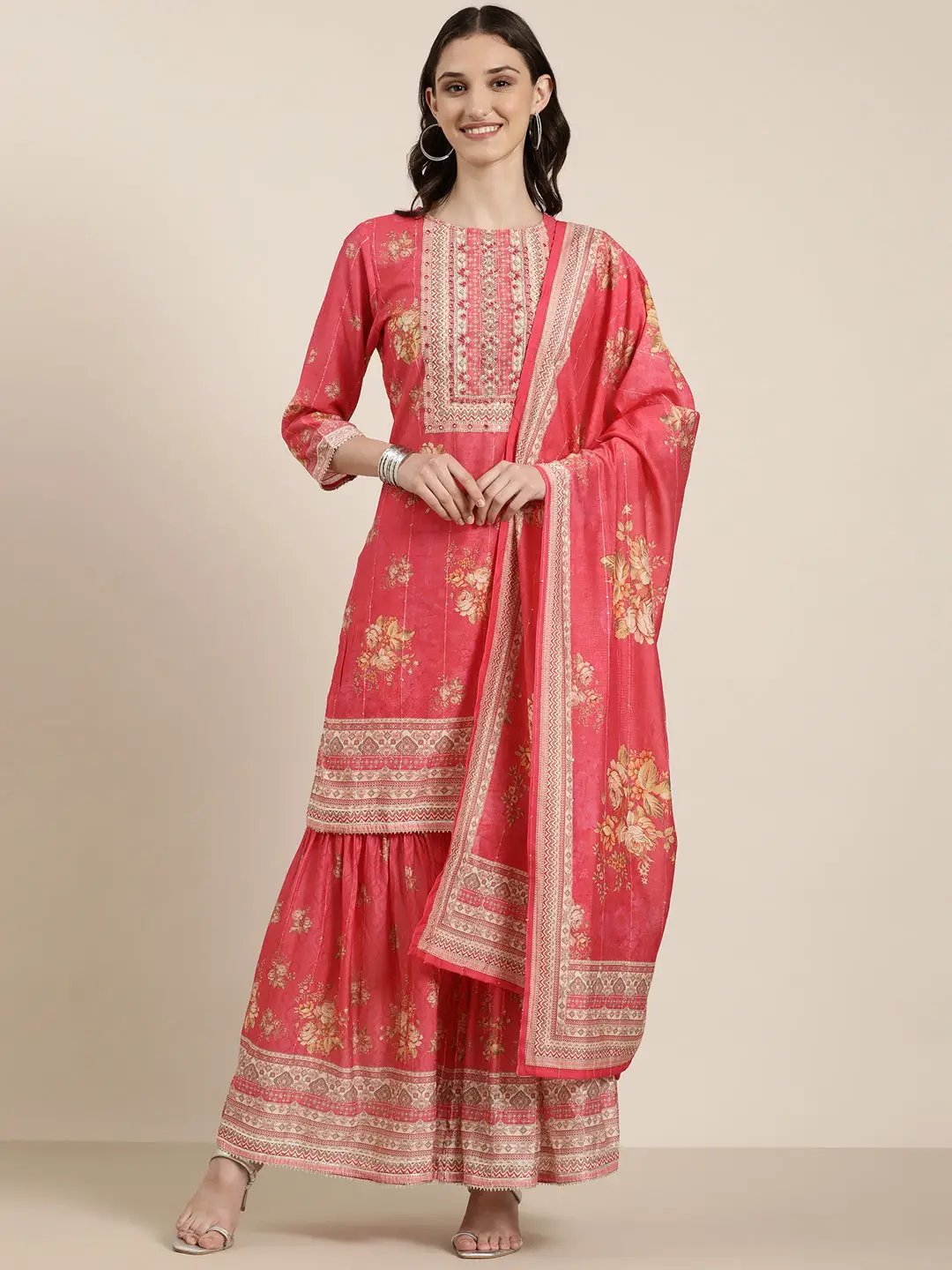 Women's Coral Floral Printed Regular Mirror Work Kurta Set With Dupatta