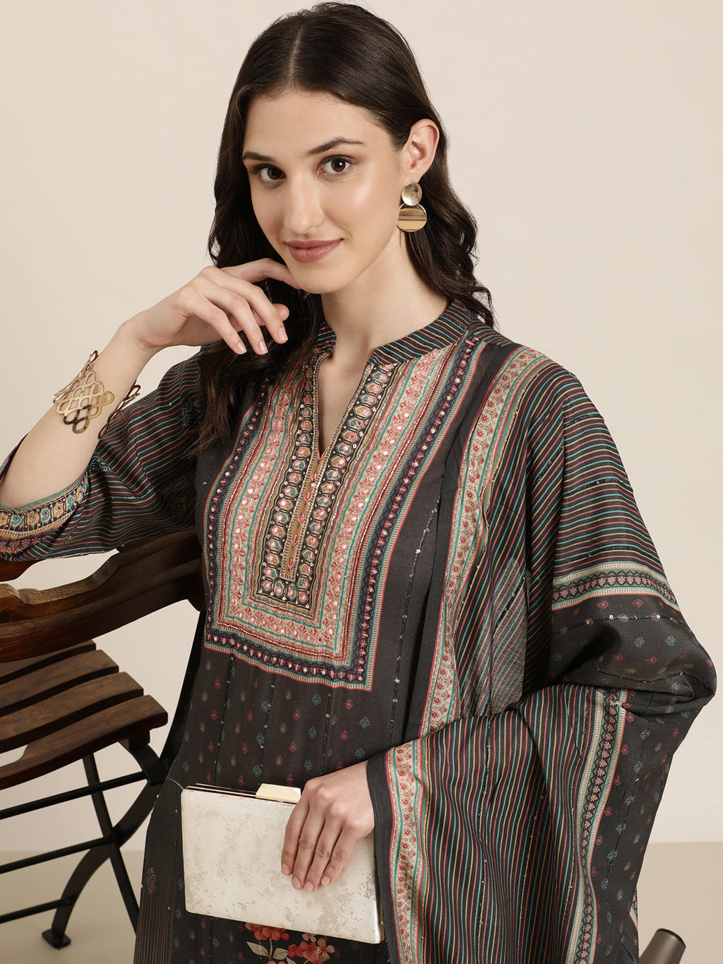 Women's Taupe Floral Printed Regular Beads and Stones Kurta Set With Dupatta