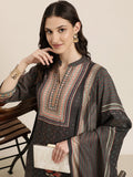 Women's Taupe Floral Printed Regular Beads and Stones Kurta Set With Dupatta