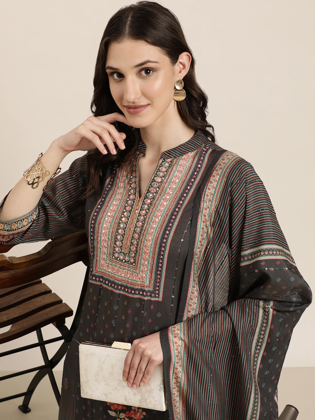 Women's Taupe Floral Printed Regular Beads and Stones Kurta Set With Dupatta