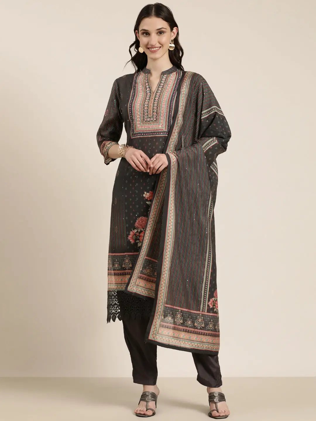 Women's Taupe Floral Printed Regular Beads and Stones Kurta Set With Dupatta