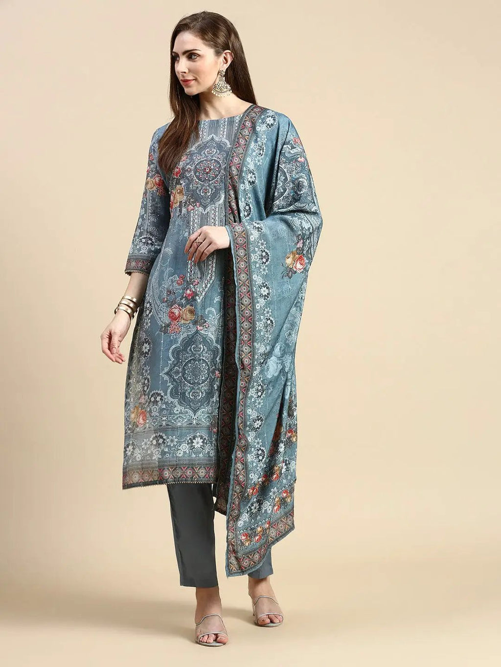 Women's Floral Grey Straight Kurta Set with Dupatta