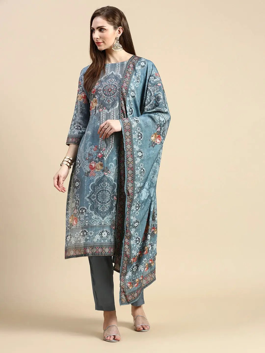 Women's Floral Grey Straight Kurta Set with Dupatta