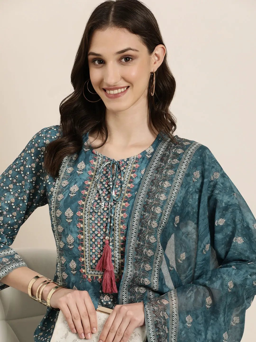 Women's Teal Floral Printed Tie-Up Neck A-Line Kurta Set With Dupatta