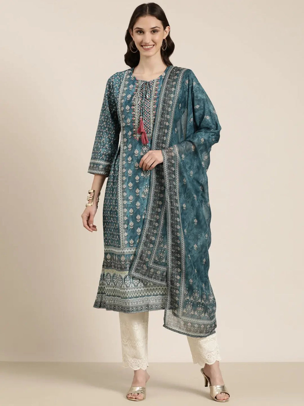 Women's Teal Floral Printed Tie-Up Neck A-Line Kurta Set With Dupatta