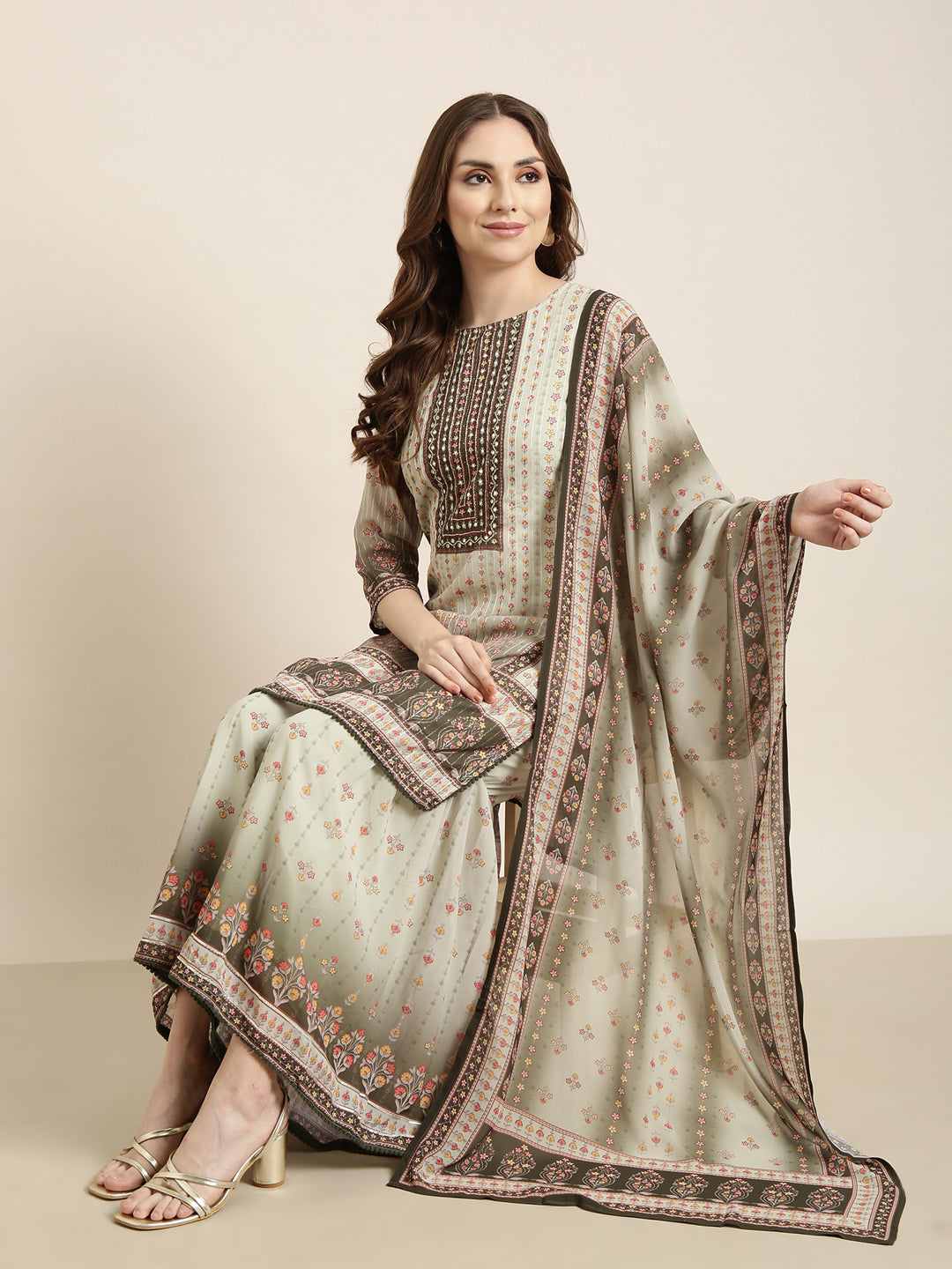 Women's Straight Green Floral Kurta Sets with Sharara & Dupatta