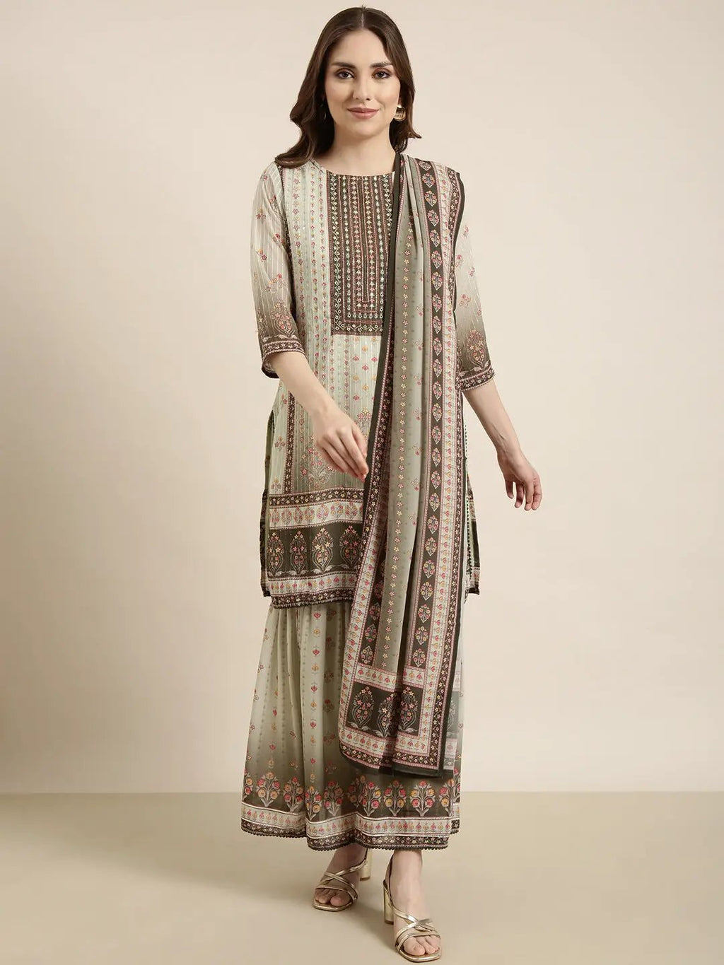 Women's Straight Green Floral Kurta Sets with Sharara & Dupatta