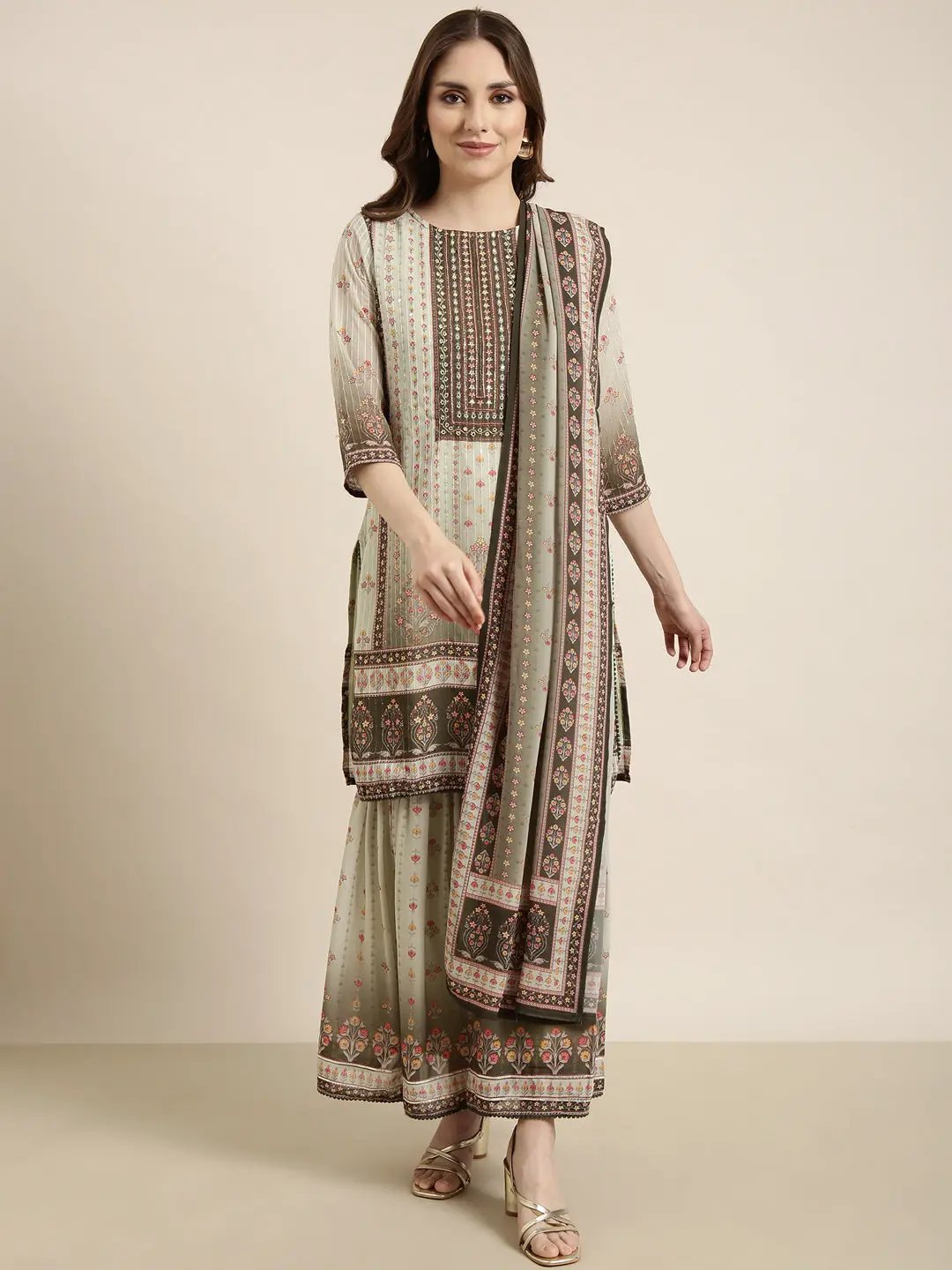 Women's Straight Green Floral Kurta Sets with Sharara & Dupatta